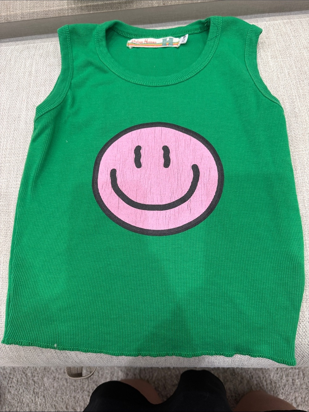 Vintage Havana Green Tank Top with Pink Smiley